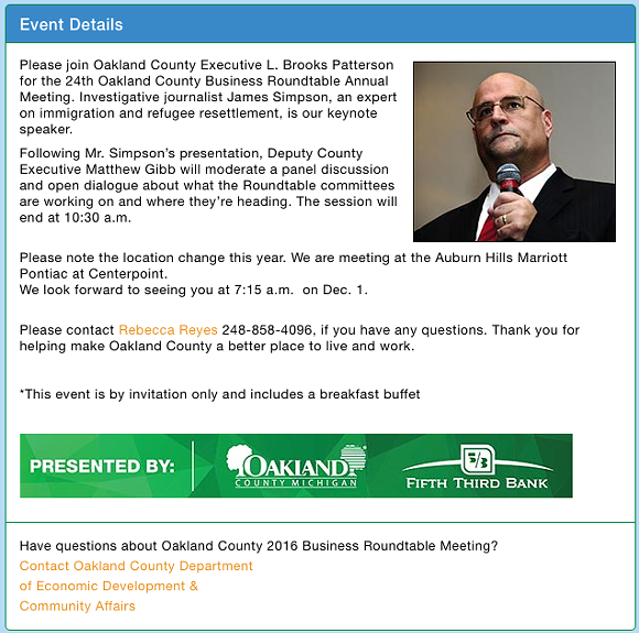 Screen capture from Oakland County 2016 Business Roundtable Meeting's eventbrite page.