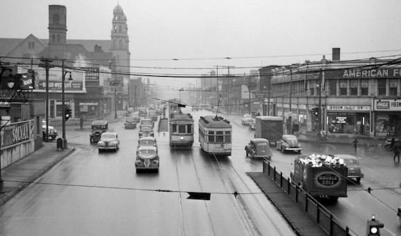 Streetcars ply Grand River Avenue in this view from Dec. 1, 1942 - Detroit News Collection, Walter P. Reuther Library, Wayne State University