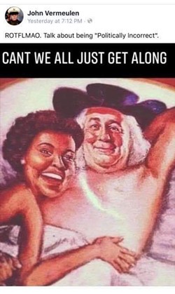 A meme depicting the mascots of Aunt Jemima and Quaker Oats posted on the Facebook account of Shelby Twonship trustee John Vermeulen. - John Vermeulen's Facebook