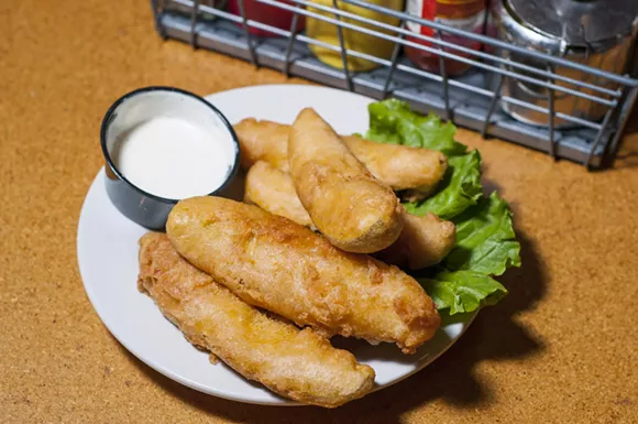 Beer battered fried pickles at Sidetrack. - Photo by Tom Perkins