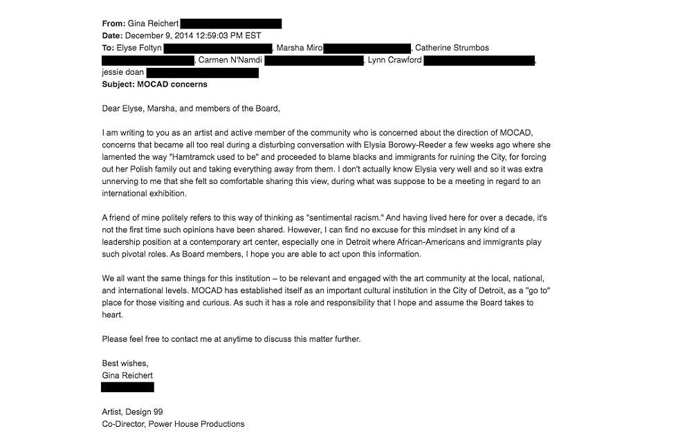 An email sent to the MOCAD board in 2014. - Courtesy of MOCAD Resistance