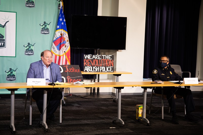 Detroit Mayor Mike Duggan, left, and Police Chief James Craig at a recent press conference about Detroit's police brutality protests. - City of Detroit, Flickr Creative Commons