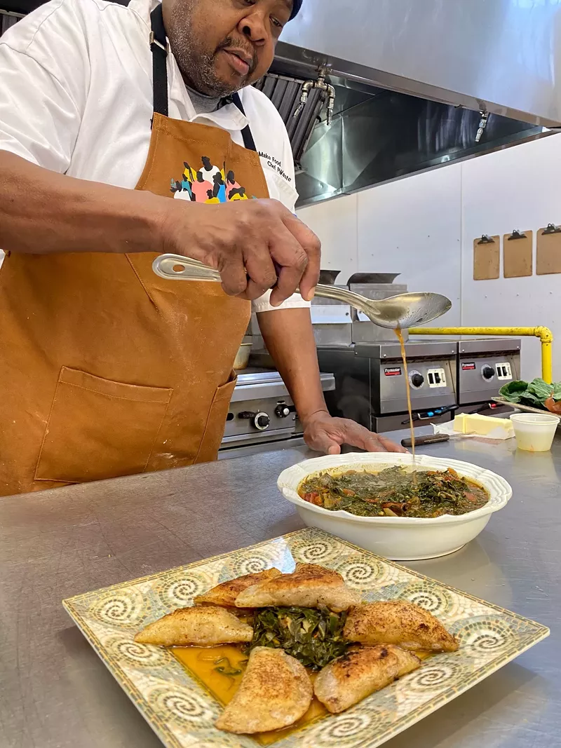 Jones puts the finishing touches on his dish, the "Black Bottom and Poletown Sweet Potato Pierogi." - COURTESY PHOTO