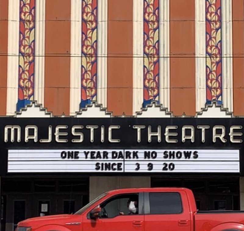 A sign on Detroit's Majestic Theatre marks one year without live music due to the pandemic. - Jim Cohen