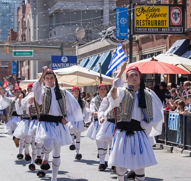 The 15th Annual Greek Independence Day Parade in Greektown, downtown Detroit. Folk dancers march down Monroe Avenue in traditional dress. April 17, 2016. - Leah Castile, Detroit Stock City