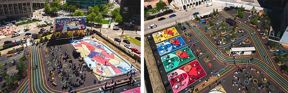 The Monroe Street Midway includes an outdoor roller rink designed by Sheefy McFly and basketball courts designed by artist Phillip Simpson. - Courtesy of Bedrock Detroit