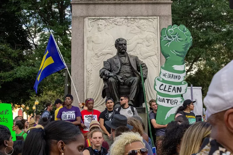 A crowd gathers in Grand Circus Park for a demonstration that took place during The 2020 Democratic Party presidential debates at the Fox Theater. - JOHN BOZICK / Shutterstock.com