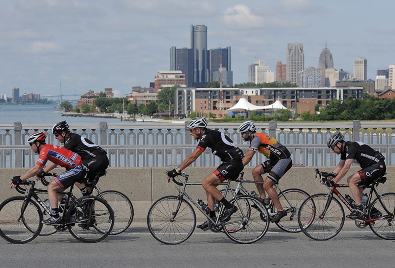 Cyclists on Belle Isle's MacArthur Bridge. - Wayne State University, Detroit Stock City