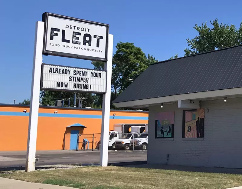 A Ferndale restaurant's sign blames Michigan's unemployment on the "stimmy" federal pandemic relief checks. - Lee DeVito