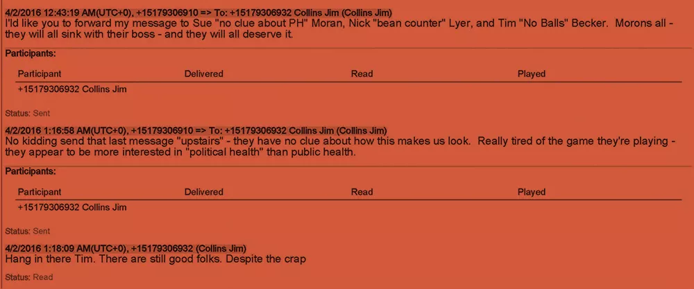 Text messages between MDHHS epidemiologist Tim Bolen and his boss Jim Collins, director of MDHHS’s Communicable Disease Division, criticize the Snyder administration’s prioritization of politics over public health during the Flint water crisis. - Obtained by The Intercept