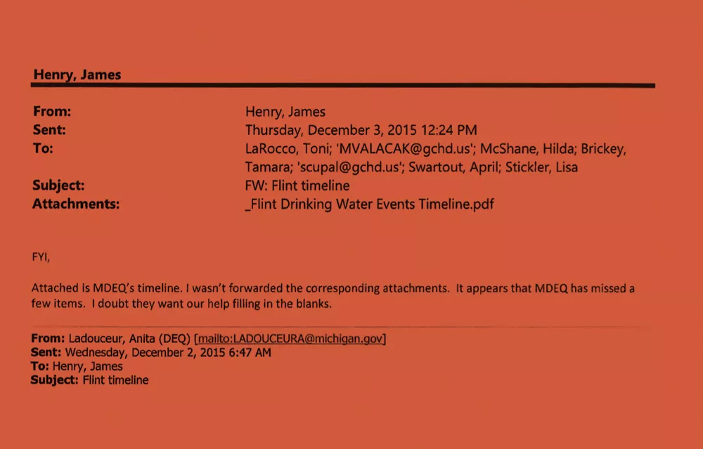 An email Genesee County Health Department official Jim Henry sent to colleagues inferring that the state environmental department’s timeline of its role in the Flint water crisis selectively left out important details. - Obtained by The Intercept