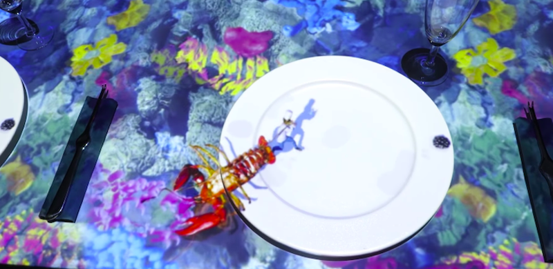 ImaginATE Restaurant incorporates 3D projection mapping, developed by Skullmapping, into its chef's table dining experience. - Photo via Skullmapping/YouTube