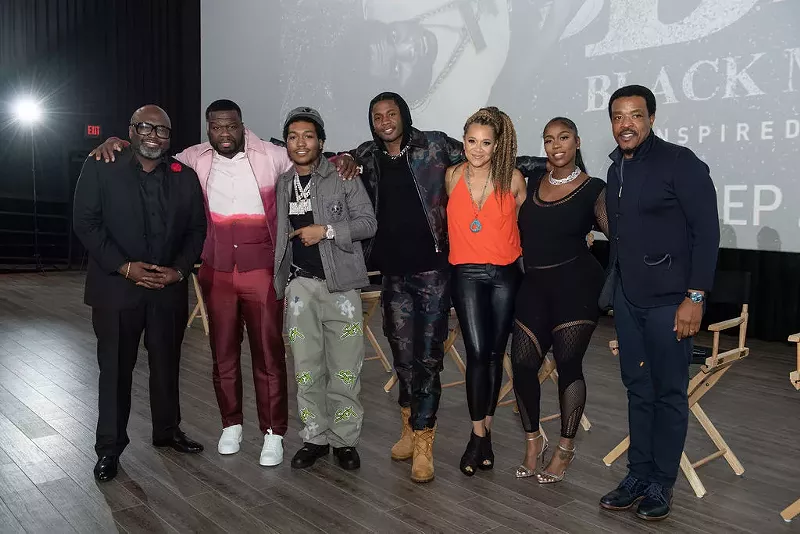 From left: BMF cast and crew Randy Huggins, Curtis “50 Cent” Jackson, Demetrius “Lil Meech” Flenory Jr., Da’Vinchi, Michole Briana White, Arkeisha “Kash Doll” Knight, and Russell Hornsby. - Robert Bruce