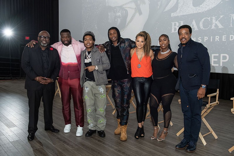 From left: BMF cast and crew Randy Huggins, Curtis “50 Cent” Jackson, Demetrius “Lil Meech” Flenory Jr., Da’Vinchi, Michole Briana White, Arkeisha “Kash Doll” Knight, and Russell Hornsby. - Robert Bruce