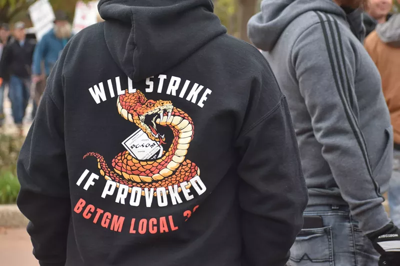 Striking Kellogg union workers and their supporters rally across from the Kellogg headquarters in Battle Creek, Oct. 27, 2021. - Laina G. Stebbins / Michigan Advance