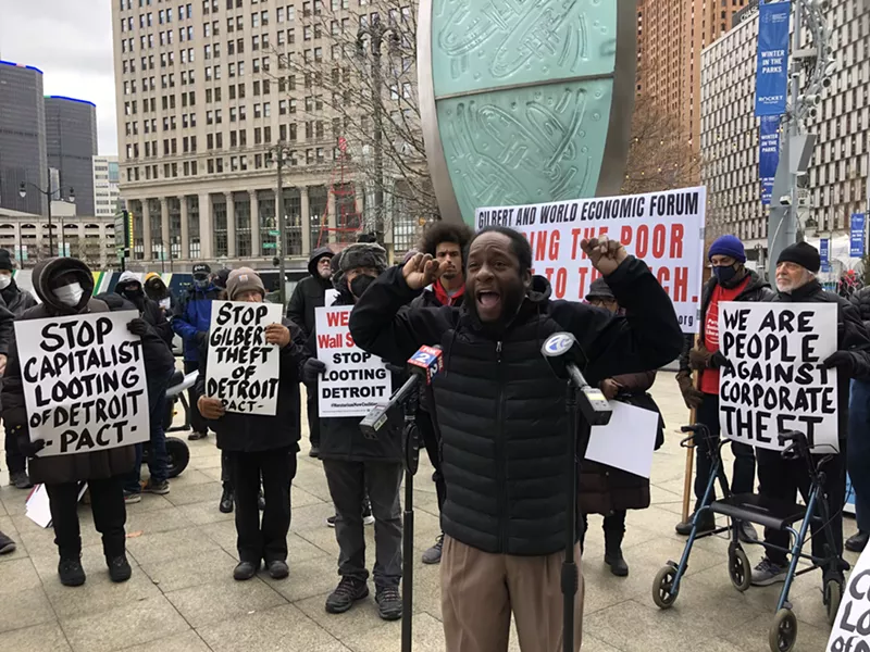 Tristan Taylor, organizer for Detroit Will Breathe, speaks at a rally against the World Economic Forum in downtown Detroit. - Steve Neavling