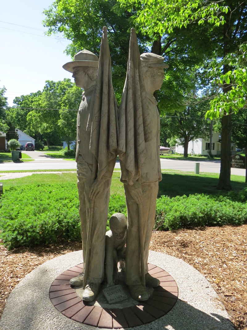 A statue of a Confederate soldier and a Union soldier with a small, enslaved Black child between their legs in the Garden of Honor in Allendale. - CIVIL RIGHTS LITIGATION INITIATIVE