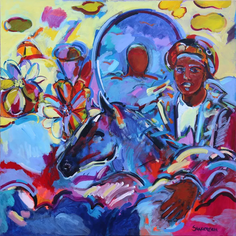"Flight with Mirror," 2014, Shirley Woodson, American; acrylic on canvas. - Courtesy of the Detroit Institute of Arts