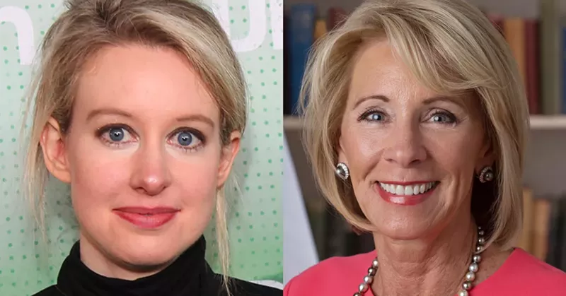 Elizabeth Holmes, left, and Betsy DeVos. - Max Morse for TechCrunch, Wikimedia Creative Commons | U.S. Dept. of Education