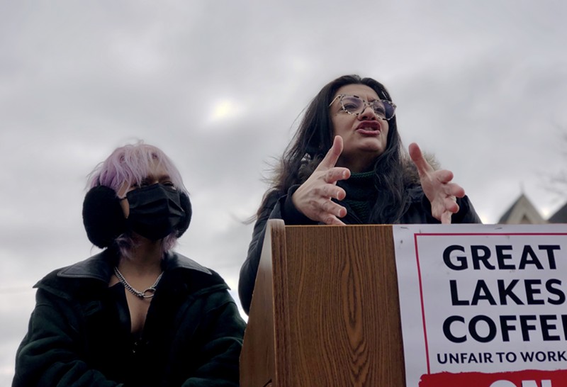 U.S. Rep. Rashida Tlaib speaks at a rally for Great Lakes Roasting Co. in Detroit on Wednesday. To her left is barista Lea Green. - Steve Neavling