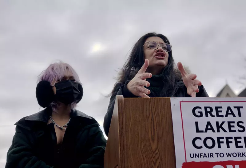 U.S. Rep. Rashida Tlaib speaks at a rally for Great Lakes Roasting Co. in Detroit on Wednesday. To her left is barista Lea Green. - Steve Neavling