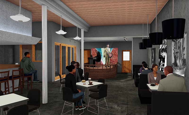 An interior rendering of the Blue Bird Inn shows a performance space with a café. The venue's original Art Deco-style stage was salvaged. - Courtesy of Detroit Sound Conservancy
