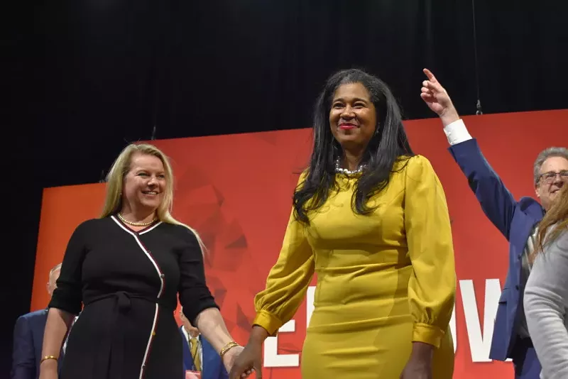 Michigan GOP Co-Chair Meshawn Maddock and SOS nominee Kristina Karamo at the Michigan Republican Party Endorsement Convention, April 23, 2022. - Allison R. Donahue, Michigan Advance