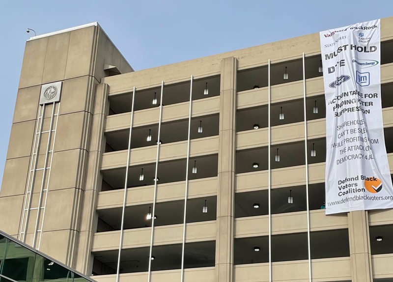 Banner displayed outside DTE Energy's headquarters in Detroit. - Defend Black Voters Coalition