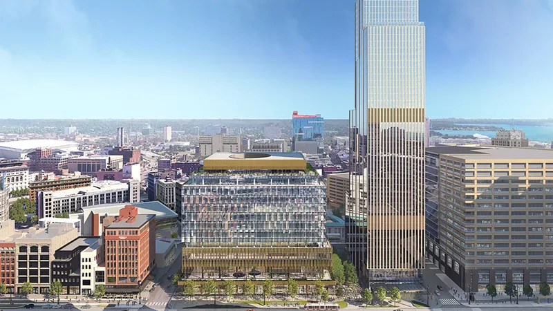 Rendering of the high-rise project at the Hudson's site in downtown Detroit. - Shop Architects