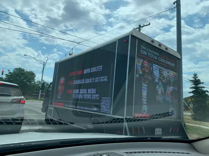 The billboard labeled Coulter as a “groomer” who forced children to wear masks during the COVID-19 pandemic. - Photo via tipster