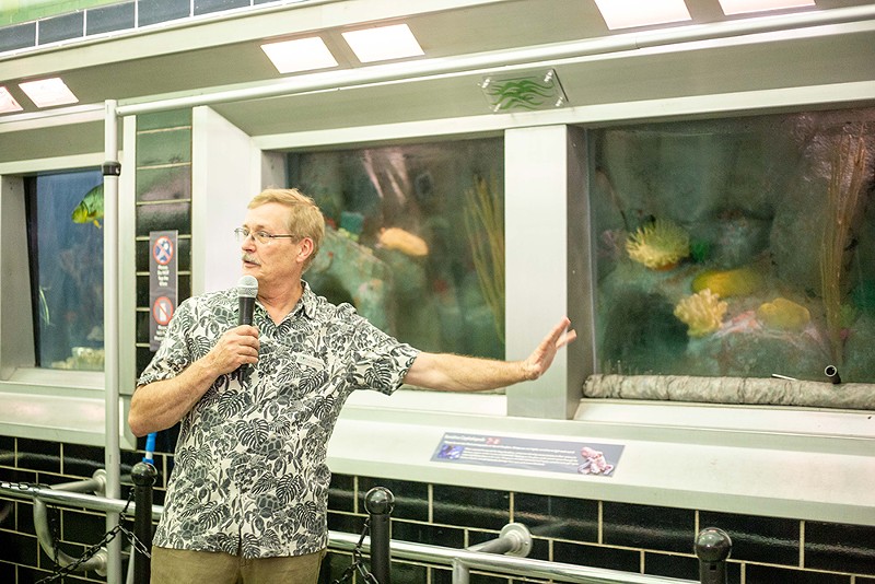 Dr. Paul Shuert, curator of the Belle Isle Aquarium, unveiled the new octopus tank at a Thursday reception. - Courtesy photo
