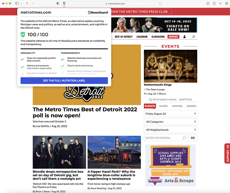 NewsGuard ranked Metro Times 100/100 for credibility. - Screenshot