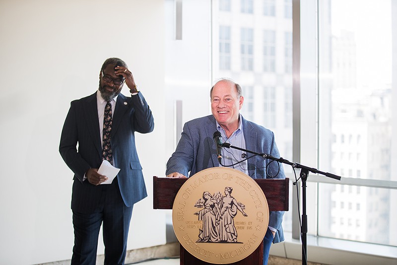 Detroit Mayor Mike Duggan (right) and Detroit City Council President Pro Tem James Tate celebrated the city accepting applications for adult-use cannabis businesses at a Wednesday press conference. - City of Detroit, Flickr Creative Commons