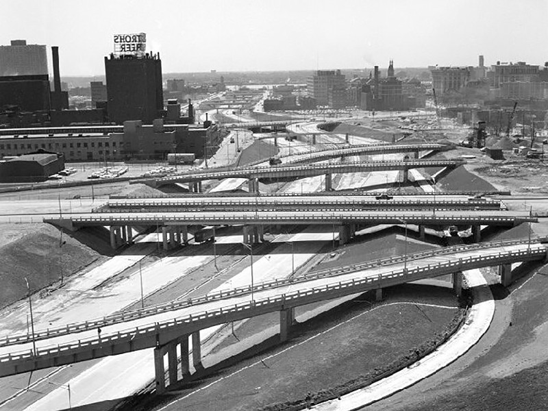 A view of the Chrysler Freeway (I-375), looking east from the roof of the Detroit City-County Building. - Walter P. Reuther Library, Archives of Labor and Urban Affairs, Wayne State University