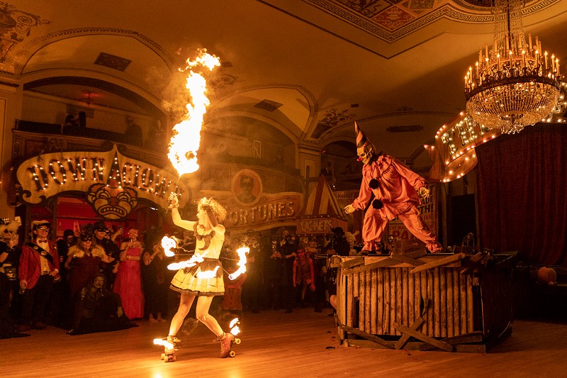 Zombo the Clown and a fire dancer at Detroit's popular Halloween event Theatre Bizarre. - Josh Justice