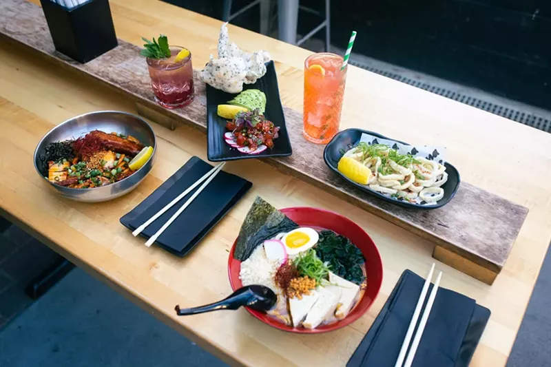 Clockwise, from upper left: the Sunshine, Ahi Tuna Tartare with sesame rice crisps, the Adult Swim, Flash fried Calamari with chili-lime sauce, Golden Dashi Udon with roasted tofu, and Kimchi Yaki Udon with glazed pork belly. - Viola Klocko
