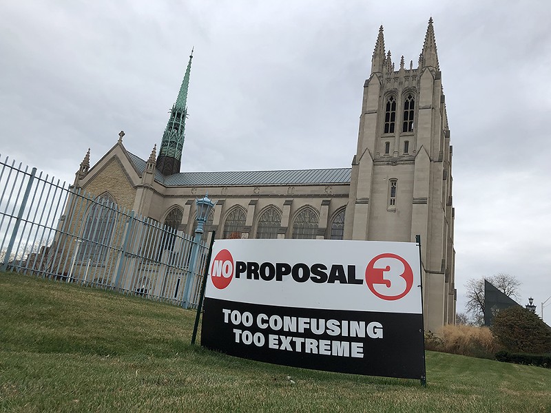 An anti-Proposal 3 sign outside the Cathedral of the Most Blessed Sacrament, the seat of the archbishop of the Roman Catholic Archdiocese of Detroit. - Lee DeVito