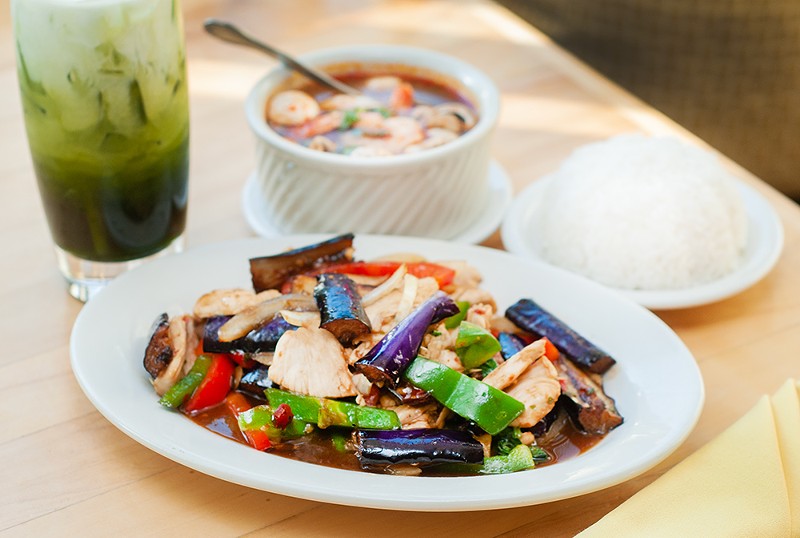 Spicy eggplant and chicken with tom yum soup. - Tom Perkins