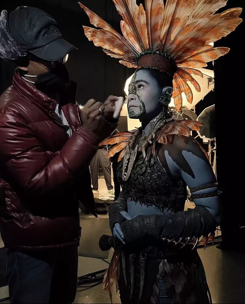 AJ Crimson and Mabel Cadena on the set of Black Panther: Wakanda Forever. - Courtesy of Rochelle Jackson