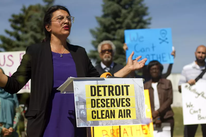 U.S. Rep. Rashida Tlaib speaks at a news conference outside U.S. Ecology in Detroit. - Steve Neavling