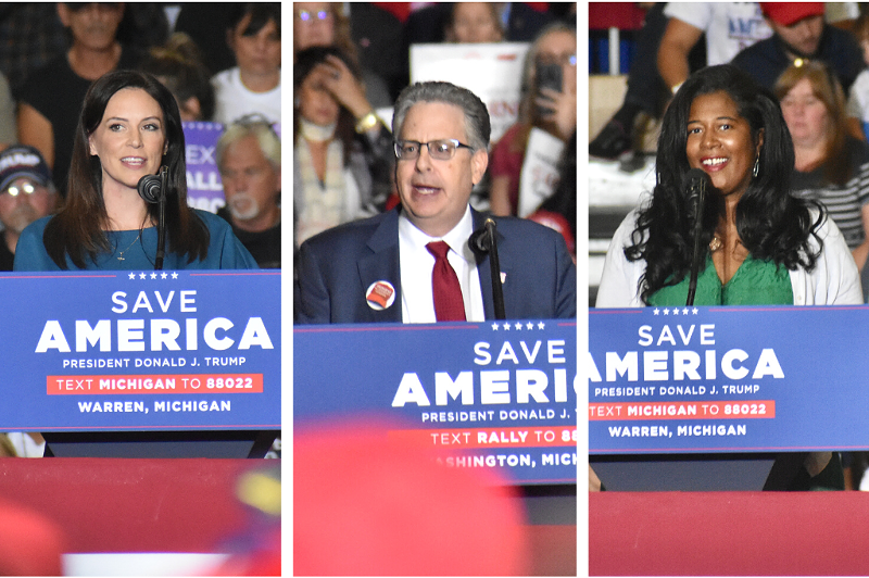 GOP nominees (L-R): Tudor Dixon for governor, Matt DePerno for attorney general and Kristina Karamo for secretary of state at former President Trump rallies. - Laina G. Stebbins and Allison R. Donahue