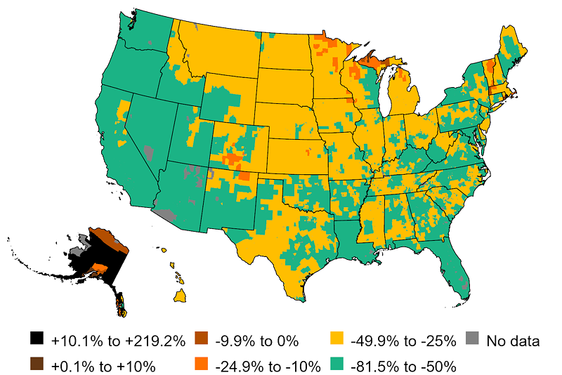 Map of percentage change in transportation energy burden from current on-road vehicle stock to a new battery-electric vehicle. Negative percentages indicate energy cost savings for EVs compared to gasoline powered vehicles. Adapted from Vega-Perkins et al. in Environmental Research Letters, January 2023. - Courtesy of University of Michigan