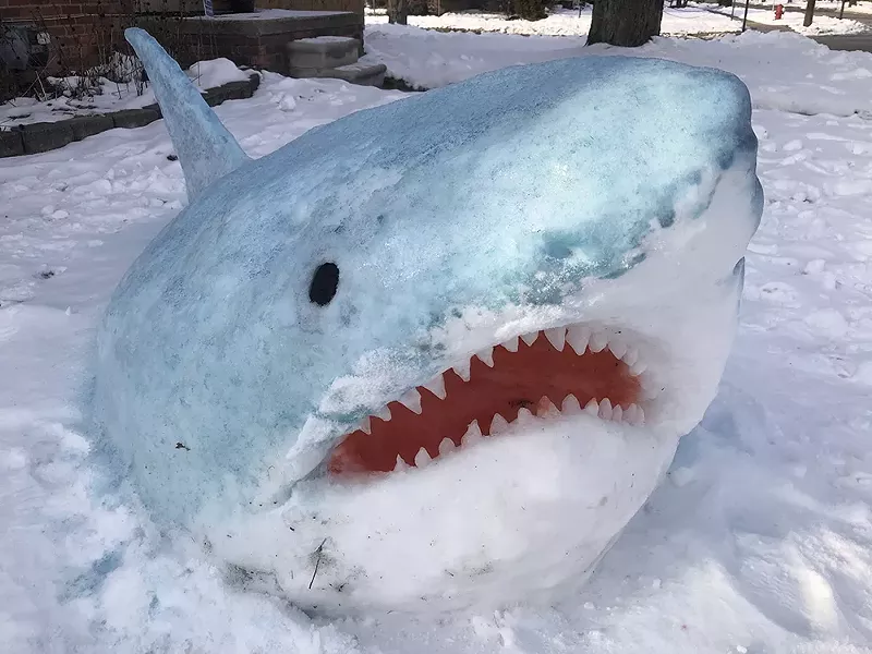 Madison Heights art teacher Jennifer Ramirez created snowsharks using snow, ice, and food coloring. - Courtesy photo