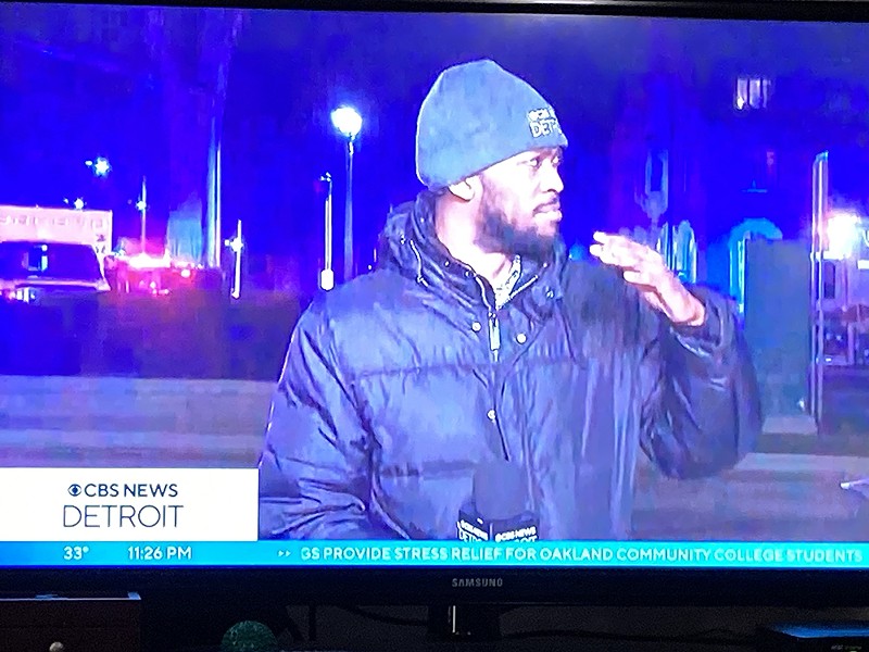 CBS News Detroit reporter Terrell Bailey was hard to hear because he was holding his microphone below the camera frame. - Joe Lapointe