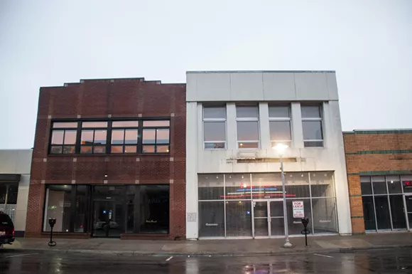 Two of Velleman's many vacant storefronts in downtown Hamtramck. - Photo by Tom Perkins