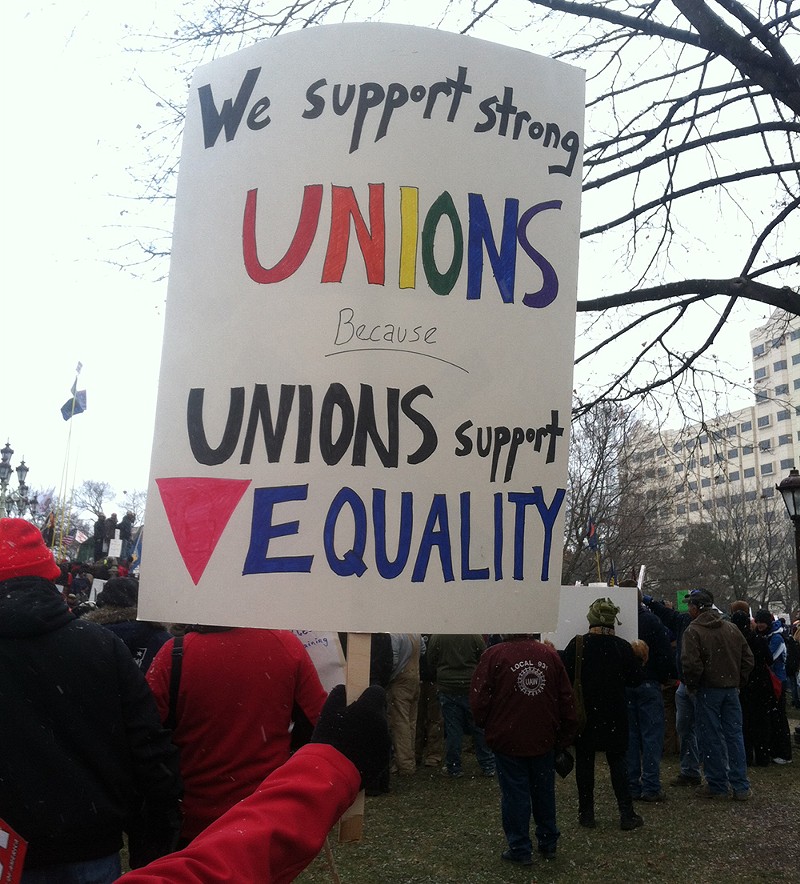 A crowd gathers in Lansing in 2012 to protest the so-called Right to Work legislation. - Equality Michigan/LGBT Free Media Collective, Wikimedia Commons