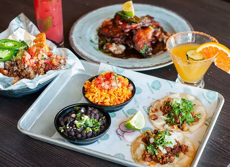 Chorizo tacos, Pequeño fries, wing, and margarita from Pequeño Cantina. - Tom Perkins