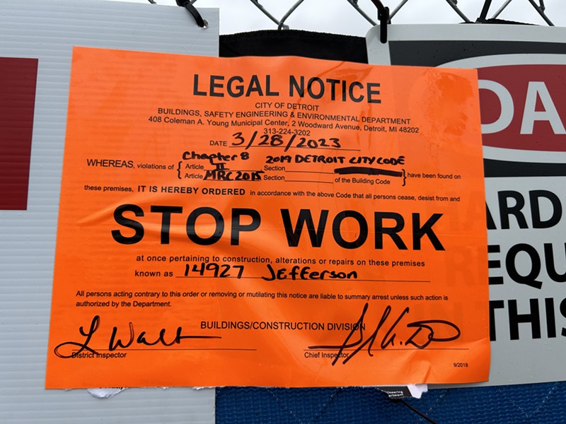 A stop work sign posted at the Grosse Pointe Park Department of Public Works buildings. - Steve Neavling