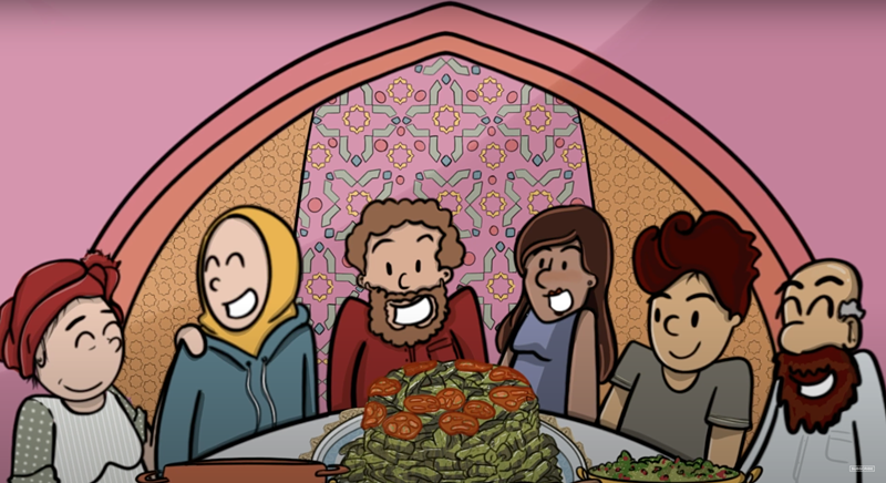 Huda Fahmy's animated film gives a humorous take on her family’s tradition of preparing copious amounts of warak enab, aka stuffed grape leaves. - Screenshot