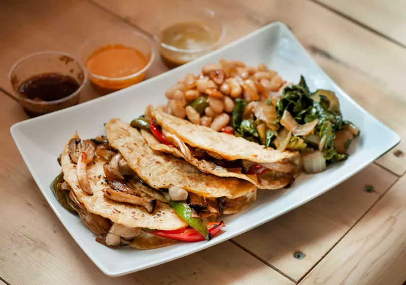 Pink FlaminGo To Go’s quesadillas include roasted locally grown oyster mushrooms. - Tom Perkins